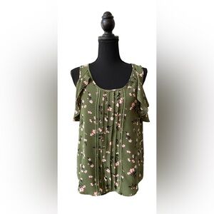 Roz & Ali: Charming Olive Cold Shoulder Blouse with Floral Design